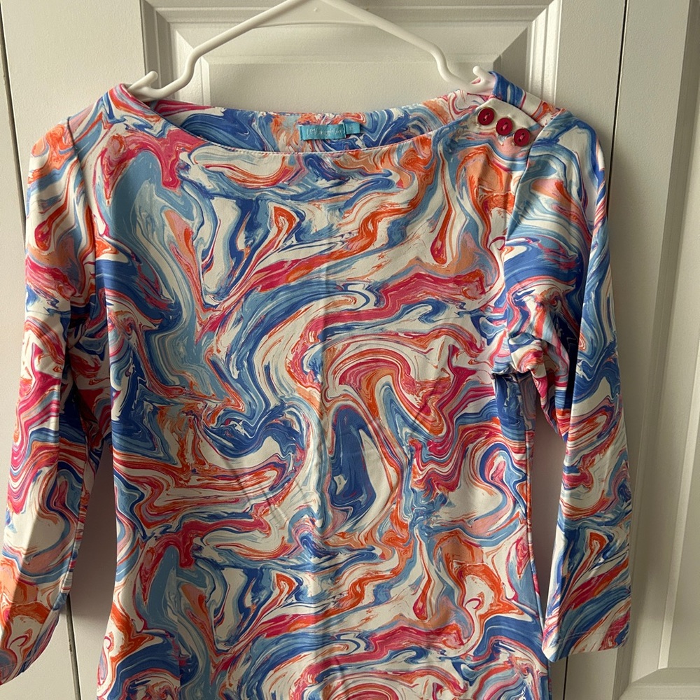 J. McLaughlin Blue Pink Graphic 3/4 Sleeve Blouse